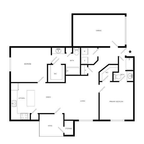 Floor plan for 2 beds, 2 baths, 1091 sqft